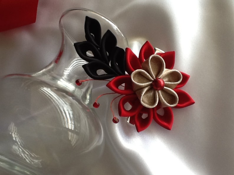 Hair Clip Red Black and Gold Kanzashi Flower Wedding Hair Flowers Etsy
