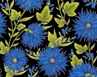 以下が含まれることがあります： 黒い背景に、黄色の芯を持つ青い花と緑の葉が描かれたシームレスなパターンです。