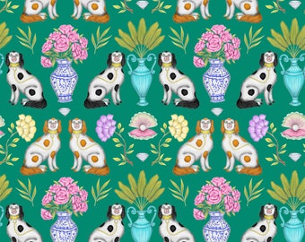 China Dogs Pattern in Emerald Green Fabric