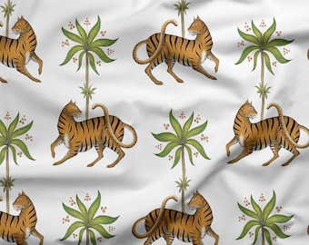 Tiger & Palm Pattern in White Fabric