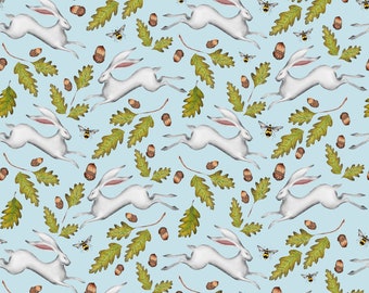 Hares and Acorns Pattern Wallpaper in Sky Blue