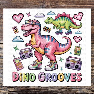 Dino Grooves PNG, Retro Roller Skating Dinosaur Clipart, Y2K Dinosaur Digital Download, 90s Party Cute Dino Sticker Design