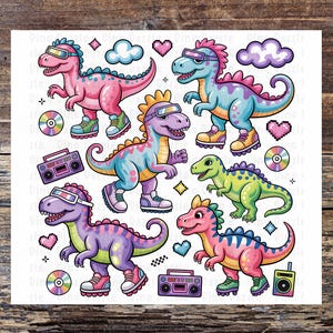 Retro Roller Skating Dinosaur PNG, Y2K Dino Clipart, 90s Party Tumbler Wrap, Cute Skater Dinosaur Digital Download