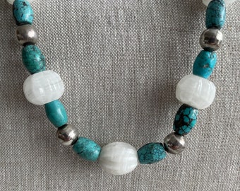 Vintage Mexican silver, turquoise, and carved white agate necklace