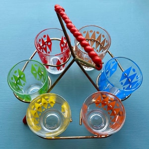 Vintage Rainbow Shot Glasses with Triangular Caddy