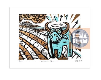 Linoprint, animal print, animal art, bull, ox, strong as an ox print, lino print, limited edition print, blue, gold, illustration