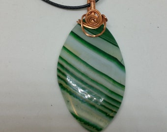 Green agate copper wire wrap neckace pendant jewelry Free USA shipping