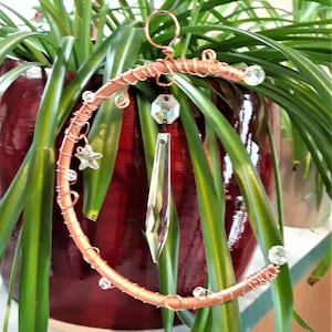 Suncatcher, Copper Glass Moon suncatcher, Wire wrapped, vintage glass, Window ornament, Home Decor