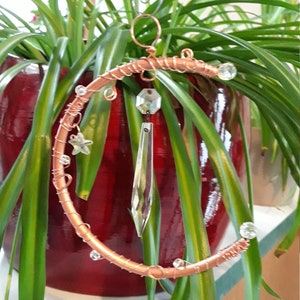 Copper Moon Sun Catcher with crystal upcycled wire wrapped recycled hand woven spring gift home decor