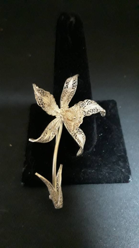 Sterling silver filigree orchid brooch pin vintag… - image 3
