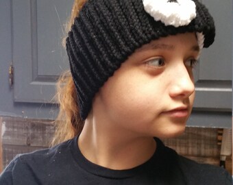 Ying and Yang Headband Earwarmer Black and White Crochet