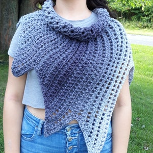 Dragon wing shawl capelet shades of blue teal wearables winter fall spring crocheted crochet wear cowl
