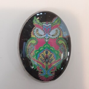 May include: A colourful owl with a paisley pattern on a black background. The owl is pink, green, blue, and yellow. The background is black with a glittery effect.