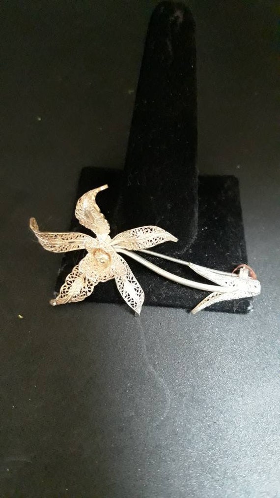 Sterling silver filigree orchid brooch pin vintag… - image 2