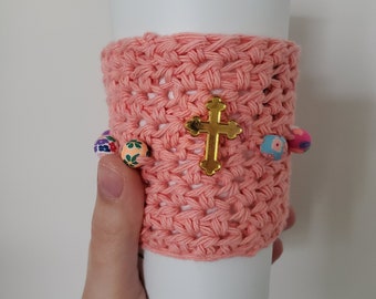 Crochet Rosary Cup Cozy - Rosary cozy - cup cozy - mug cozy - stocking stuffer - Catholic gift - Catholic stocking stuffer - Christmas gift