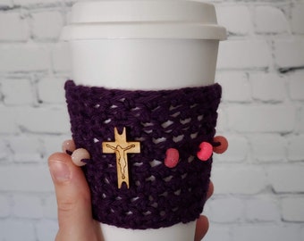 Crochet Rosary Cup Cozy - Rosary cozy - cup cozy - mug cozy - stocking stuffer - Catholic gift - Catholic stocking stuffer - Christmas gift