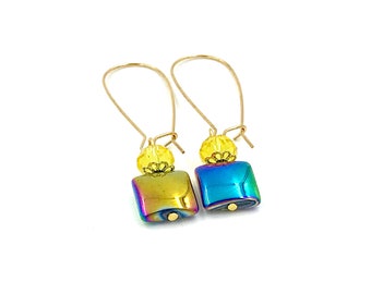 Yellow Drop Earrings,rainbow iridescent earrings,Mardi Gras earrings,New Orleans,Mobile AL,Mardi Gras jewelry,long earrings