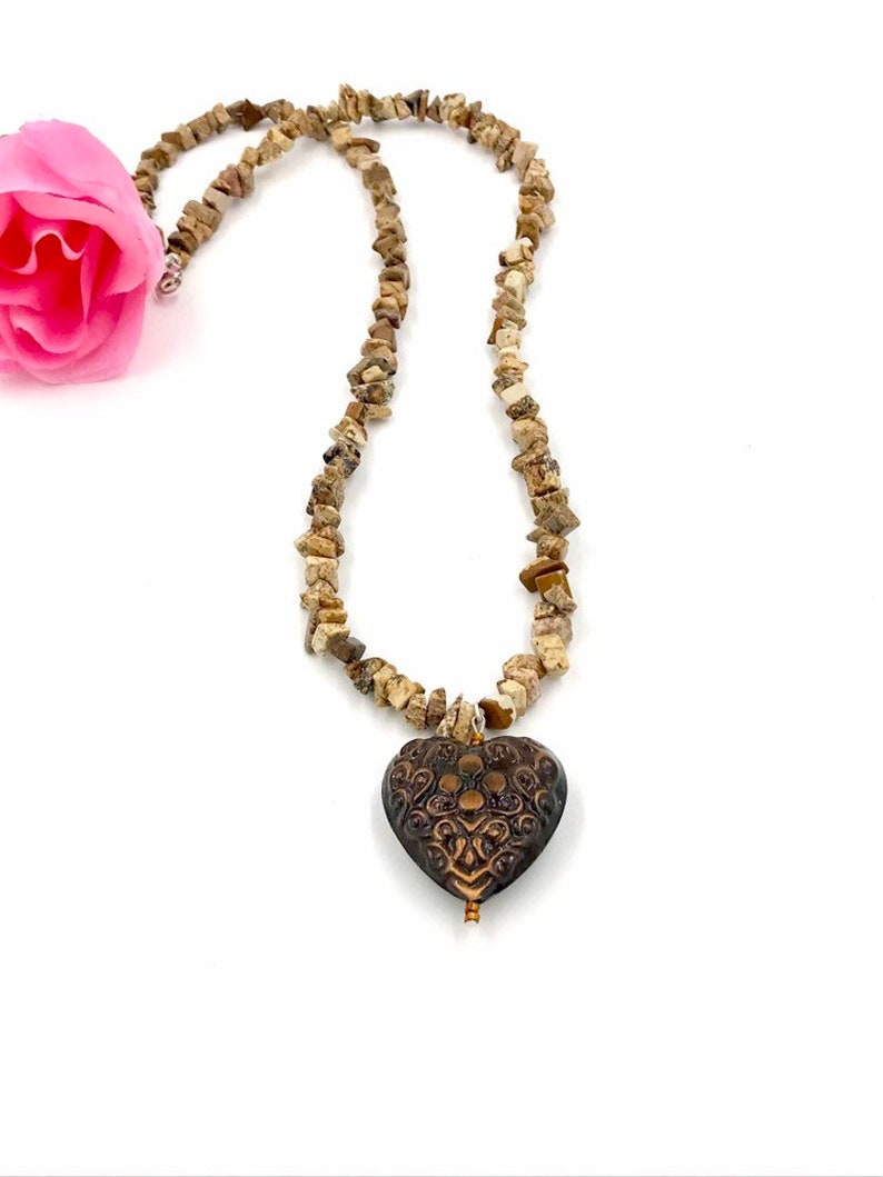 Long Brown Jasper Chip Necklace,brown jasper gemstone necklace,heart pendant necklace,brown jasper pendant necklace,long chip bead necklace