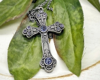 Dark Grey Cross Pendant Necklace,antique silver gray cross pendant necklace,cross necklaces,long cross necklace,flat inlay,hematite chain