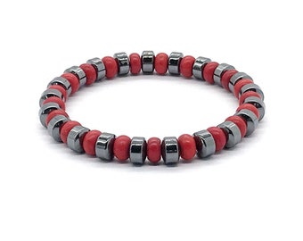 Red Howlite and Hematite Bracelet,hematite drum beads,ladies hematite bracelet,hematite jewelry,stretch bracelets,men's red howlite bracelet