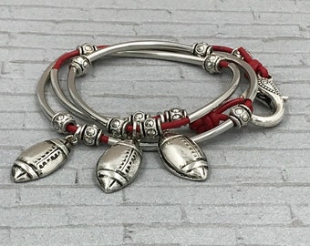 Leather Wrap Bracelet,red leather bracelets,layering bracelet,football charm bracelet,ladies leather wrap bracelet,antique silver footballs