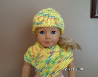 Hand Knit 18" Doll Poncho & Hat Set - Lemon Multi
