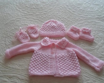 Newborn Layette Set: Handmade Baby Sweater, Hat, Booties & Mittens