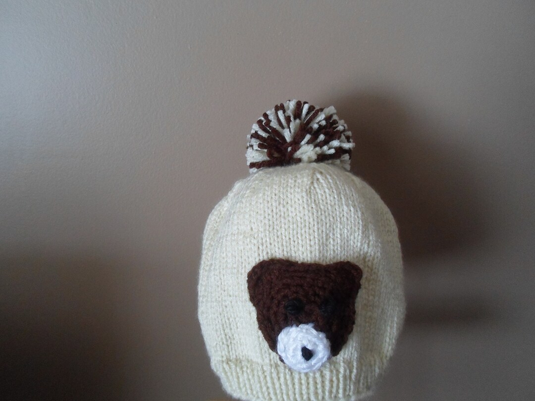 Hand Knit Baby Bear Hat With Pom Pom (3-6 Months) - Etsy