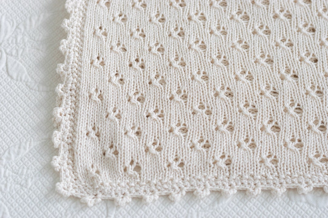Eyelet Baby Blanket Hand Knit Cotton, Natural Fibers, Organic Made to