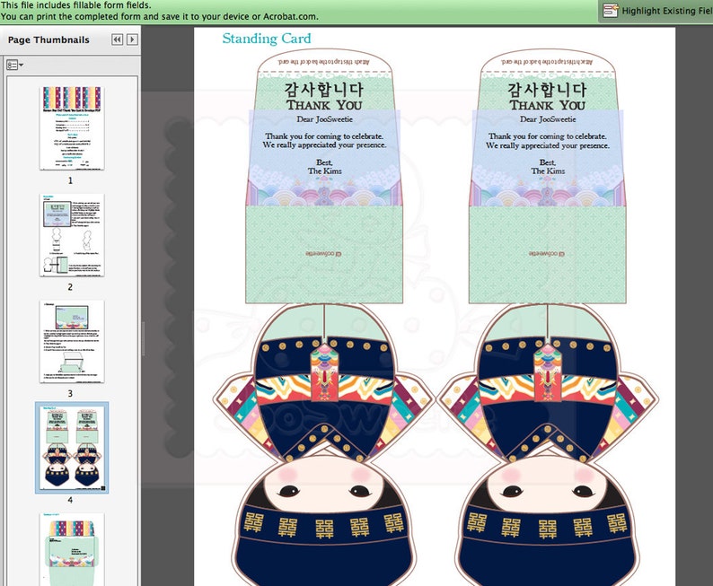 Printable PDF Download Korean Boy Standing Doll Thank You Card /& Envelope