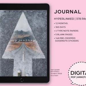 Könnte beinhalten: Digitales Journal mit einem Straßen- und Pfeil-Motiv auf dem Cover. Das Journal ist verlinkt und enthält 12 Monate, 365 Tage, 4 Arten von Notizblättern, 5 leere Seiten und 148 Goodnotes-Sticker.