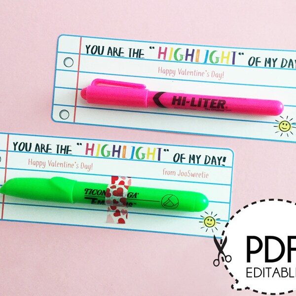 You're the Hightlight of My Day Valentine Pen Favor Card-Printable PDF Download