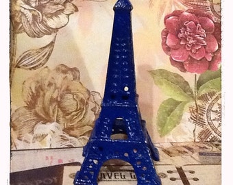 Eiffel Tower Cast Iron Royal Blue French Decor Distressed Paperweight Doorstop Knick Knack