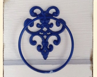 Hand Towel Holder Ring-Bathroom Fixture-Deep Blue-Distressed Cast Iron-New Home-Fleur De Lis-Spring Home Decor