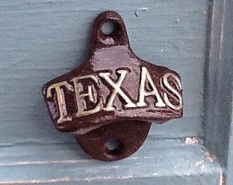 Texas Bottle Opener Brown With Gold Raised Letters Cast Iron Wall Mount