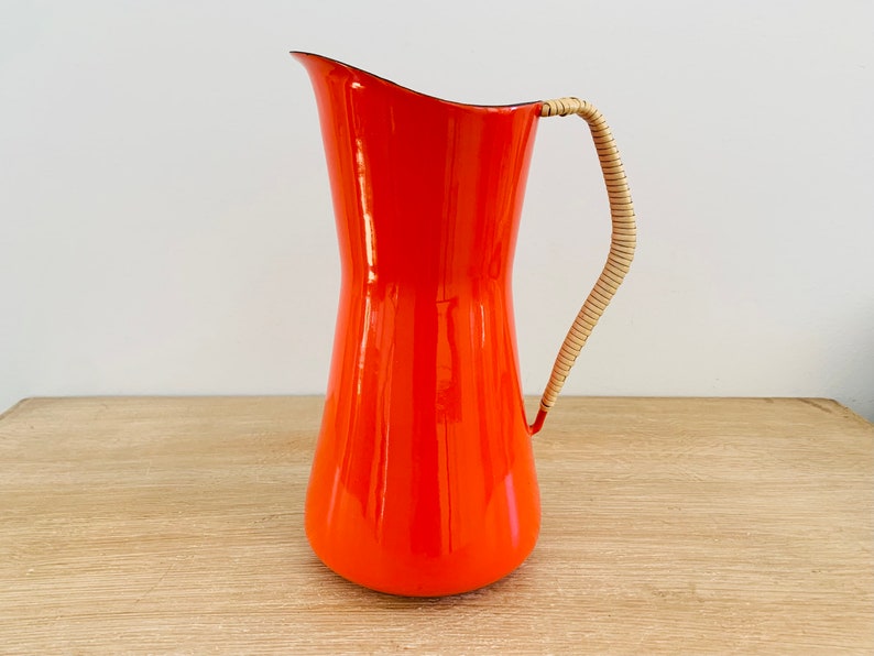 Vintage Mid Century Danish Modern 9 Inch Chili Red Enamelware Dansk Kobenstyle Pitcher by Jens Quistgaard JHQ Made in Denmark image 1