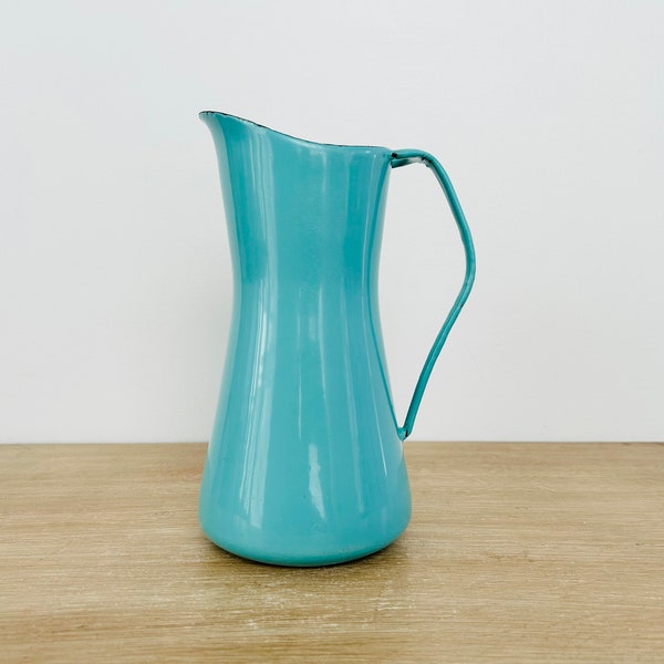 Vintage Mid Century Turquoise Enamelware Dansk Kobenstyle 9 1/2 inch Pitcher by Jens Quistgaard JHQ - As Is Condition - Missing Cord Handle