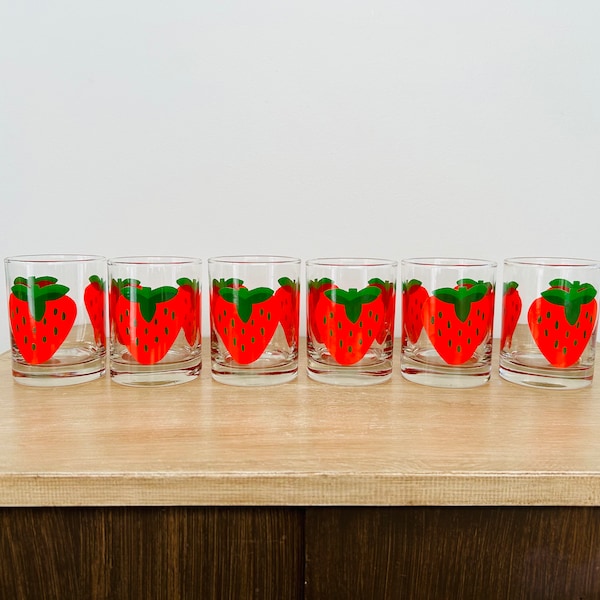 Mid Century Modern Strawberry Glass Low Ball Glasses - Set of 6