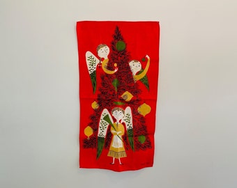 Vintage Mid Century Modern Holiday Angels Linen Tea Towel Wall Hanging designed by Tammis Keefe made by Fallani & Cohn