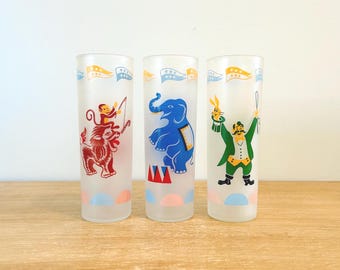 Vintage Mid Century Libbey Circus Animals Frosted High Ball Glasses - Set of 3