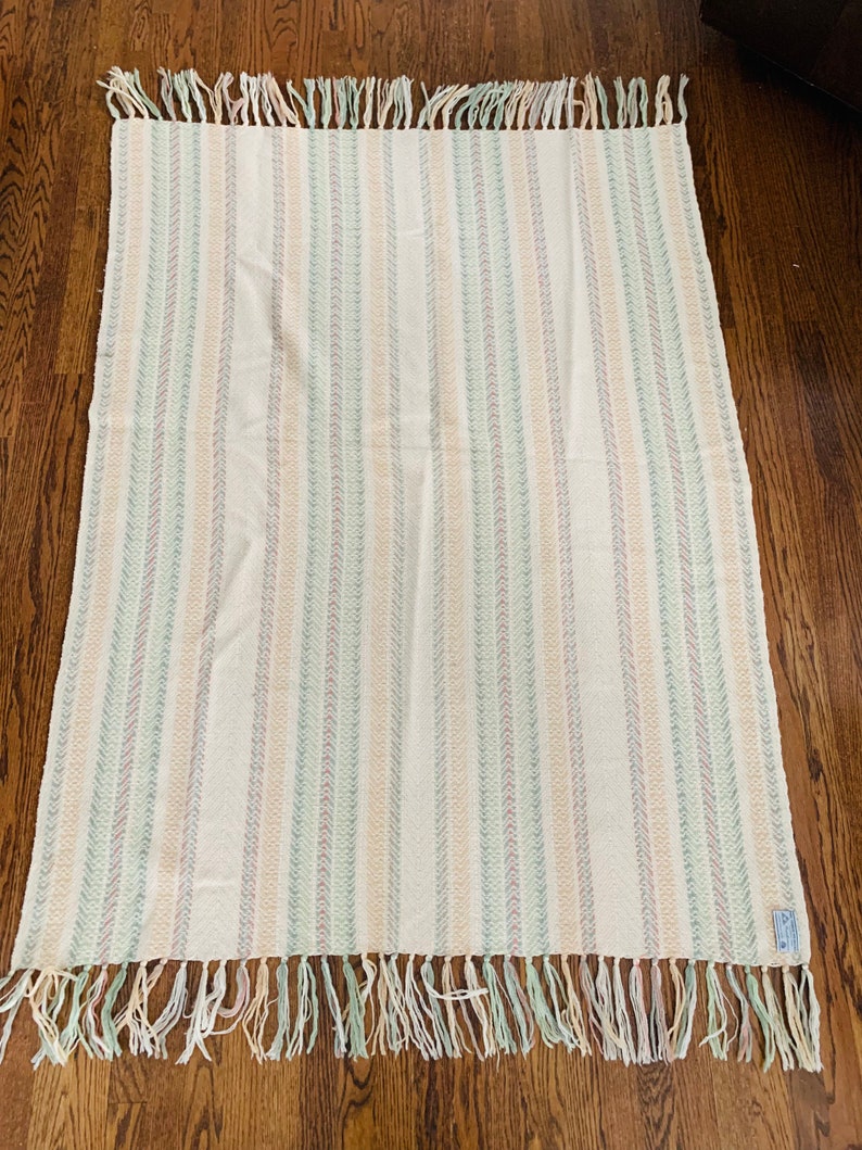 Vintage 100% Virgin Wool Cream Color Blanket by The Three Weavers Houston, Texas image 2