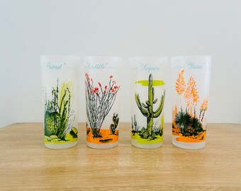 Mid Century Blakely Oil and Gas Tall Frosted Arizona Cactus Glasses - Set of 4