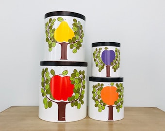 Mid Century Modern Ransburg Metal Canister Set Fruit Trees - Set of 4