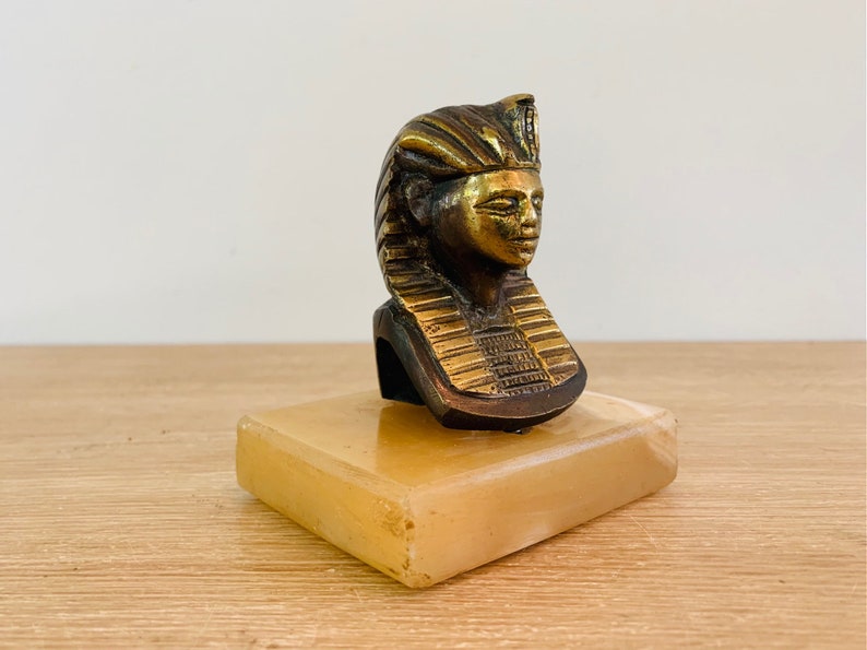 Vintage Brass Egyptian Pharaoh Sarcophagus Head Mask Mummy Case Statue image 1