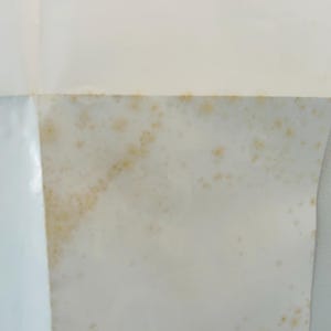 May include: Close-up of a section of paper showing mould. The paper is mainly white with areas of yellow and brown discolouration, indicating the presence of mould. The image shows the texture and spread of the mould.
