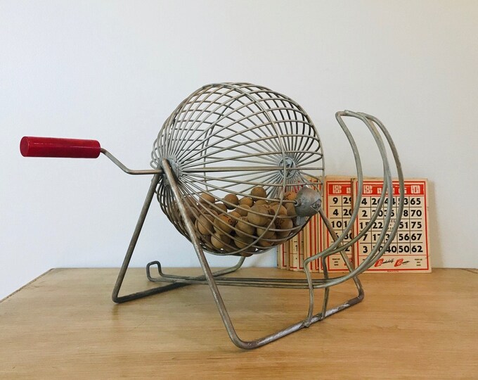 Vintage Bingo Cage With Bakelite Handle, Wooden Balls, Bingo Cards and