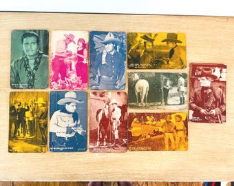 Vintage Lot of 10 Western Movie Actor Arcade Cards - Tom Mix, Jesse James, Bob Ford, Buck Jones, Tom Tyler, Douglas Fairbanks