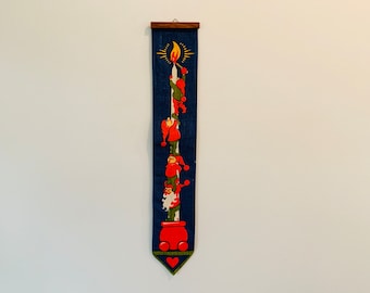 Vintage Christmas Candle and Elves Screen Printed Linen Hanging Banner