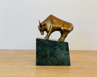 Vintage Mid Century Modern Brass Bull on Dark Green Stone Pedestal