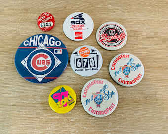 Vintage Chicago Pinback Button Collection Cubs, Sox, Beer, Radio - 8 Button Lot